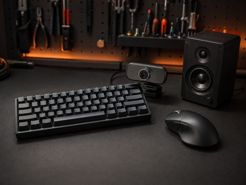 Teclado, mouse, webcam e caixa de som